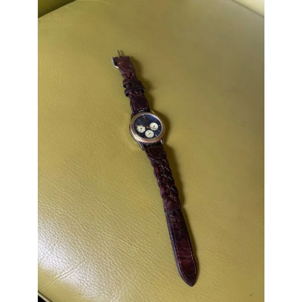 Vintage Elgin Quartz Watch Blue Dial Gold Tone Brown Leather Braided Band